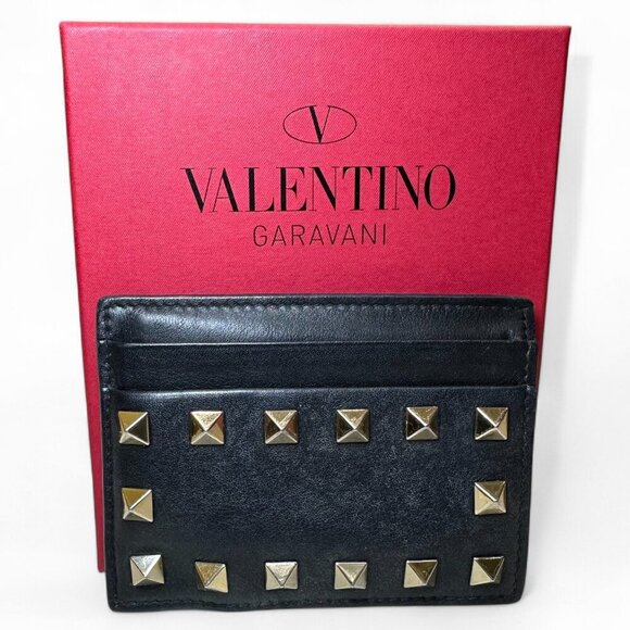 Valentino Garavani Black Rockstud Leather Card Holder Wallet w Extra Studs *USED - Picture 1 of 16